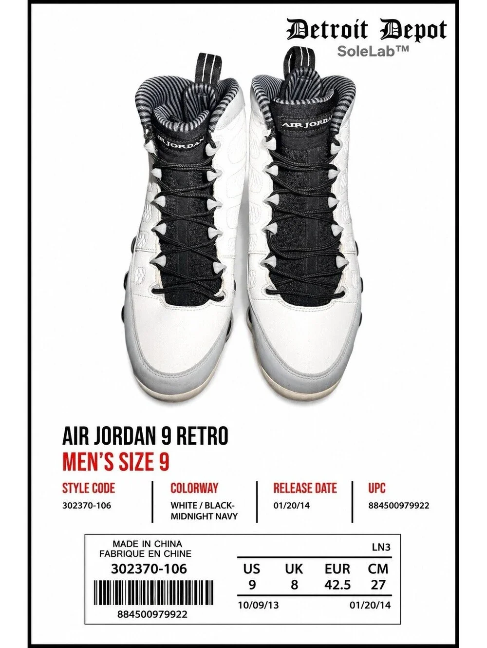 Nike Air Jordan 9 Retro Barons 2014 White Black 302370-106 Men’s Size 9